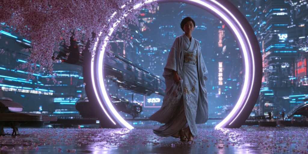 記事内画像:u1883658843_An_elegant_woman_in_a_flowing_silver_kimono_steps x512