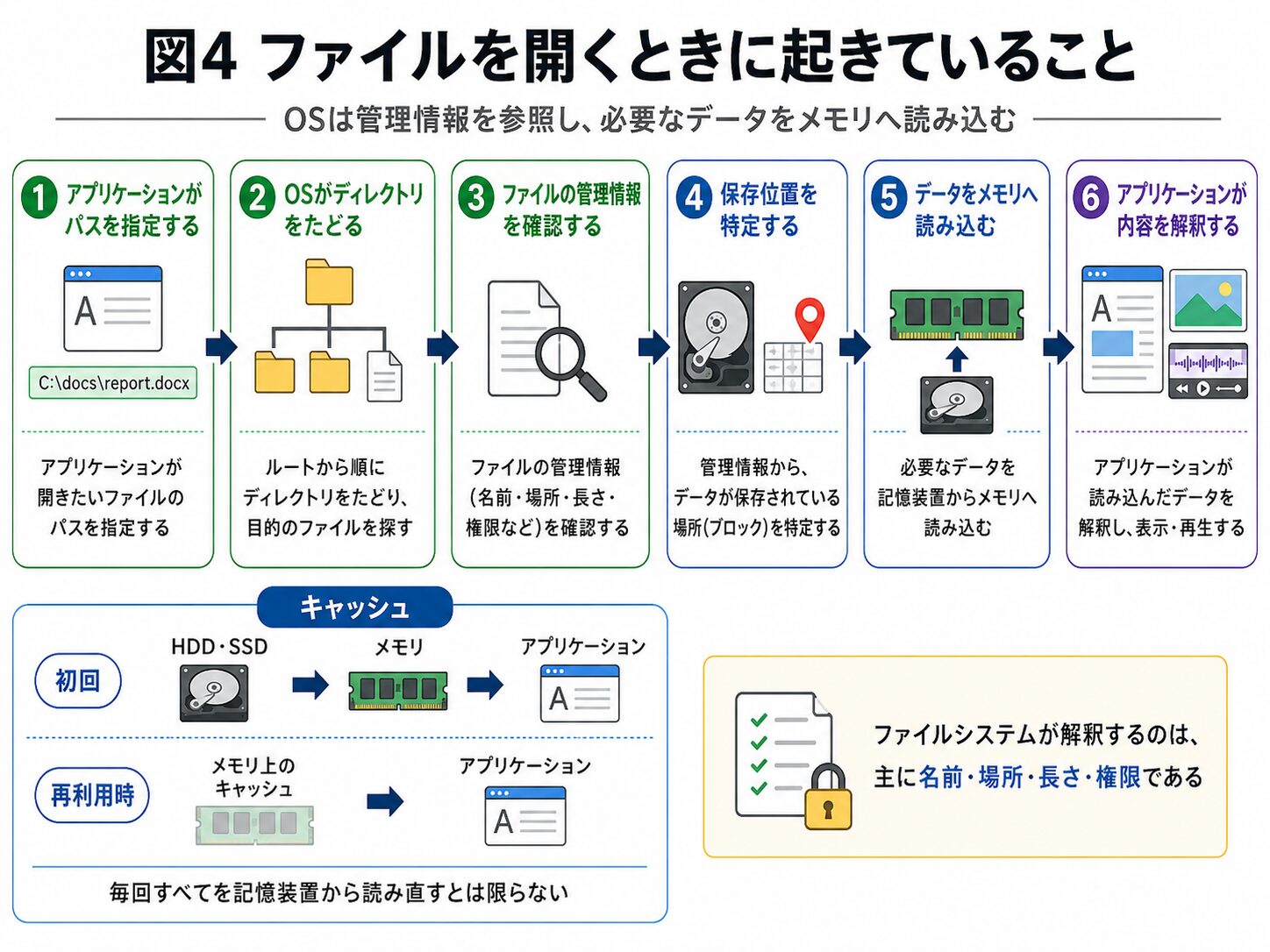 ファイルを開くときのOS、ファイルシステム、記憶装置、メモリ、アプリケーションの処理