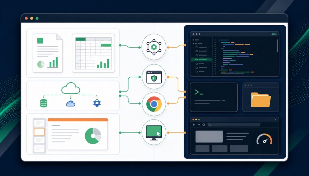ChatGPTデスクトップアプリのWorkモードとCodexが複数の操作経路を共有する構成図